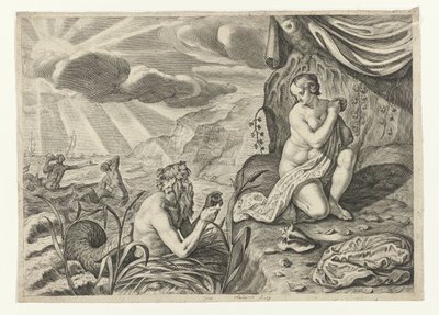 Scylla, Glaucus Glauci'den kaçarken Scylla'ya aşık (nesnedeki başlık) Ovid'in Metamorfozları (dizi başlığı) by Crispijn van de Passe (II)