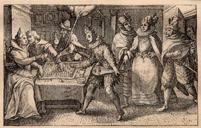 Gezici oyuncularla tavla partisi - Hollanda bakır levha gravürü; bir dizi baskıdan, Hortus Voluptatem, Crispin de Passe (1550-1643) - Tavla oynayan bir çift, Crispin de Passe l