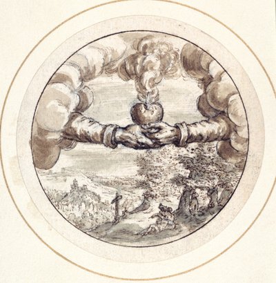 Circus Maximus manzaralı yanan bir kalp ve imparatorluk tacı tutan eller (kağıt üzerinde kahverengi yıkama ile kalem ve kahverengi mürekkep) by Crispin I de Passe