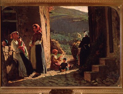 Gün batımında çocuklu kadınlarla köylülerin buluşması (tuval üzerine yağlı boya by Cristiano Banti