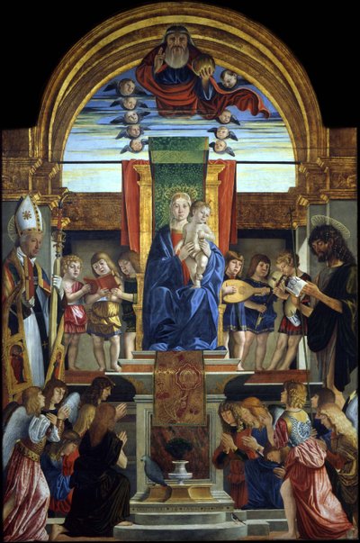 Bakire ve Çocuk, Tanrı Baba ve Azizler Hilarius ve Vaftizci Yahya ile Enthroned, 1499 by Cristoforo Caselli
