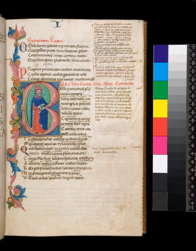 Ms 325. Lucan, Bellum Civile ve diğer eserler, f.10r. Işıklı baş harfi [B], tam boy bir yazar portresinin yer aldığı, kısmi bir yaprak sınırına uzanan, c.1400-10 (parşömen) by Cristoforo Cortese