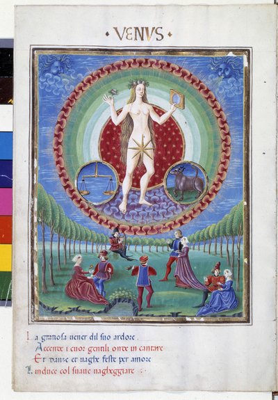 Denge ve boğa zodyak işaretleri ile geldi. Alt katta, cesur sahneler. Minyatür Cristoforo de Predis (v. 1440-v. 1486) - “” De Sphaera””” d