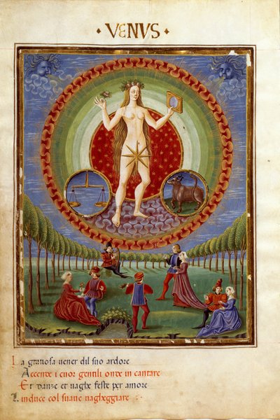 Denge ve boğa zodyak işaretleri ile geldi. Cesur sahneler (minyatür, c.1470) by Cristoforo De Predis