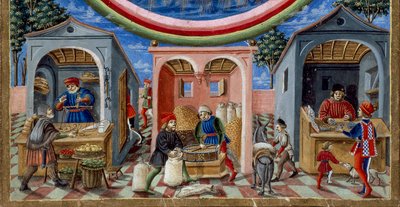 Çeşitli ürünler satan tüccarların ayrıntıları: solda, meyve ve sebze tüccarı, ortada bir değirmenci tahıl kalıplama (Minyatür, yaklaşık 1470) by Cristoforo De Predis