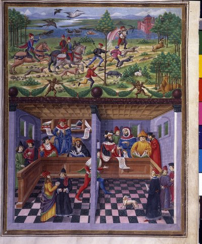 Mart etkisi: avlanma ve mahkeme. Minyatür Cristoforo de Predis (v. 1440-v. 1486) - “” De Sphaera””” d
