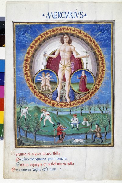 Bakire ve Mücevherlerin zodyak işaretleri ile Merkür. Alt katta, tarlalarda çalışan köylüler. Minyatür Cristoforo de Predis (v. 1440-v. 1486) - “” De Sphaera””” d