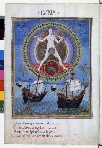 Kanser burcu olan ay. Alt katta, yükselen maree sırasında tekneler. Minyatür Cristoforo de Predis (v. 1440-v. 1486) - “” De Sphaera””” d
