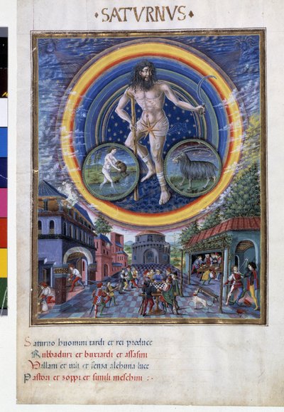 Kova ve oğlak burçları olan Satürn. Alt katta, oyun sahneleri ve erkekler üzerindeki etkisi. Minyatür Cristoforo de Predis (v. 1440-v. 1486) - “” De Sphaera””” d