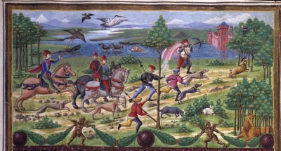 “Martın Etkisi”nde avlanma detayı: avlanma ve mahkeme. Minyatür Cristoforo de Predis (c. 1440-c. 1486) - “” De Sphaera ”” ”d