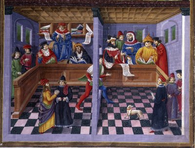 “Martın Etkisi”nde Mahkeme (Il Tribunale): av ve mahkeme. Minyatür Cristoforo de Predis (c. 1440-c. 1486) - “” De Sphaera ”” ”d