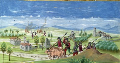 Savaş sırasında yağma. “” Güneş Etkisi “” detayı: Savaş. Minyatür Cristoforo de Predis (v. 1440-v. 1486) - “” De Sphaera””” d