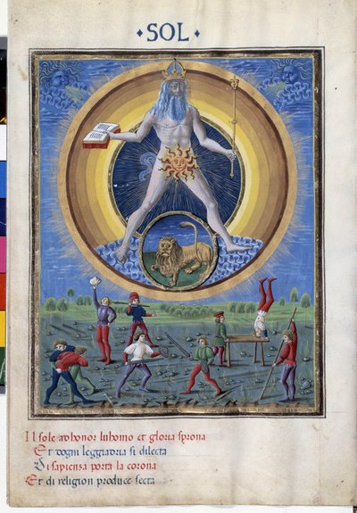 Aslan burcu ile güneş. Aşağıda erkeklerin fiziksel egzersizlerinden sahneler var. Minyatür Cristoforo de Predis (v. 1440-v. 1486) - “” De Sphaera””” d