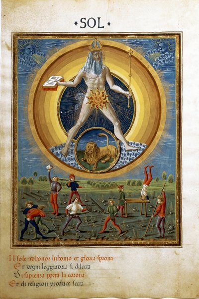 Aslan burcu ile güneş. Erkeklerin fiziksel egzersizlerinden sahneler. (minyatür, c.1470) by Cristoforo De Predis
