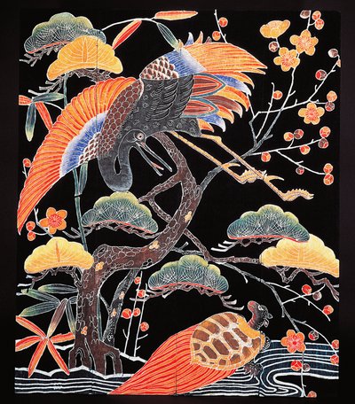 Uğurlu motifli kimono kumaştan vinç ve uzun kuyruklu kaplumbağa (tsurugame) detayı, Japon uygarlığı, Edo dönemi by Culture Edo