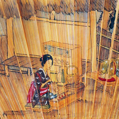 Lake ahşap çıtalı çift taraflı fan ve çay hazırlığını gösteren koruyucu by Culture Edo
