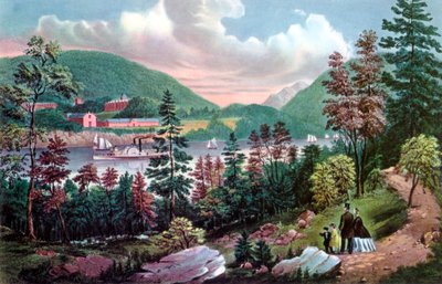West Point, ABD Askeri Akademisi, karşı kıyıdan, 1862. by Currier and Ives
