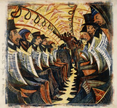The Tube Train, c.1930 (doku japonya üzerine renkli olarak basılmış linocut) by Cyril Edward Power