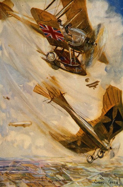 Savaşın başlarında bir Alman Taube tek kanatlı uçağını tabanca ateşiyle düşüren İngiliz çift kanatlı (renkli lito) by Cyrus Cuneo