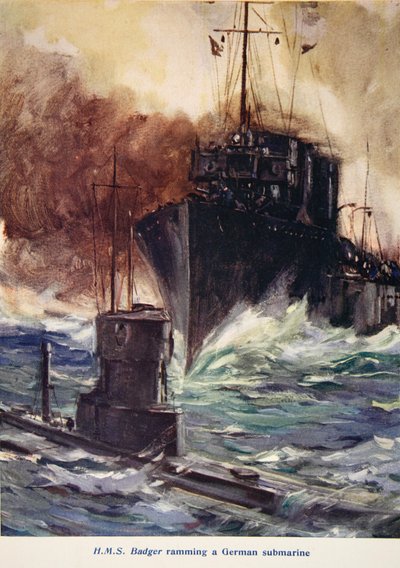 'HMS Badger bir Alman denizaltısına çarpıyor', 1916'da yayınlanan 'Told in the Huts: The YMCA Gift Book'dan bir çizim by Cyrus Cuneo