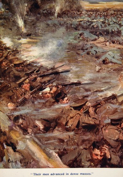 'Adamları yoğun kitleler halinde ilerledi', 1916'da yayınlanan 'Told in the Huts: The YMCA Gift Book'dan bir örnek by Cyrus Cuneo