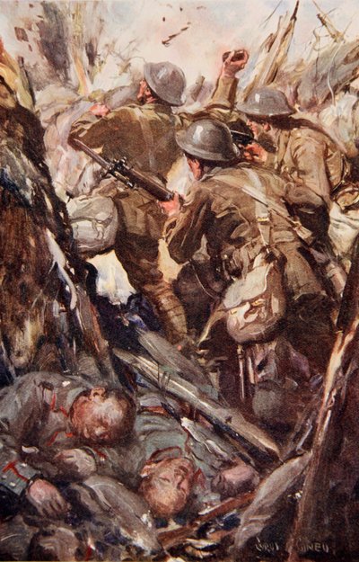 1916'da yayınlanan 'Told in the Huts: The YMCA Gift Book'tan bir örnek, 'Düşman siperine kadar bombaladılar ve süngüyle tırmandılar' by Cyrus Cuneo