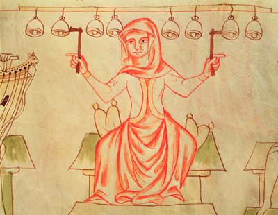 Mx XXIII C.124 Çan çalan müzisyen, Velislav İncilinden, c.1340 by Czech School