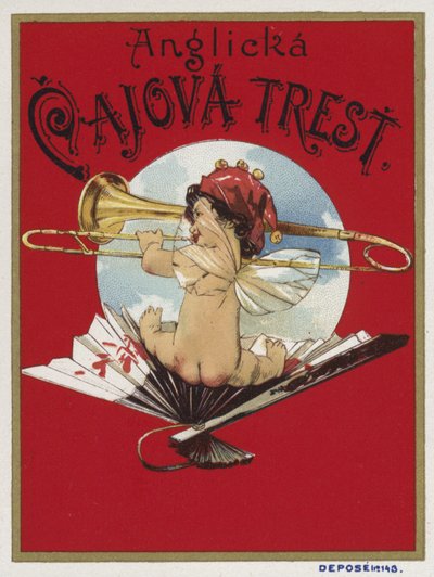 Trombon çalan bir melek tasvir eden ürün etiketi by Czech School