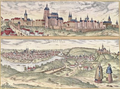 Prag'ın İmparatorluk Sarayı'nı (Hradschin) ve (altta) şehrin eski ve modern bölümlerini ayıran Vltava nehrini gösteren (üstte) görünümü (gravür) by Czech School