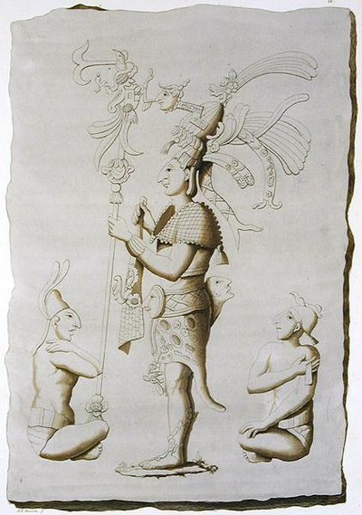 Bir kral, saraydan heykel, Palenque, Chiapas, Meksika (renkli gravür) by D.K. (after) Bonatti