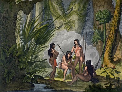 Amazon ormanındaki Woodland'daki Camacani Kabilesi, Brezilya, 'Le Costume Ancien et Moderne'den, Cilt I, plaka 53, Jules Ferrario tarafından, 1820'lerden 30'lara kadar yayınlandı (renkli gravür) by D.K. Bonatti