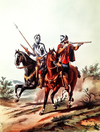 Tekerlek kilitli tabancalarla donanmış Fransız süvarileri (renkli lito) by D. de (after) Noirmort