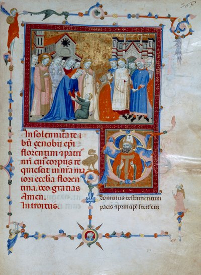 San Zanobi, bir Roman Missal için bir çocuğu ölümden diriltir (Codice Edili 107, c. 367) by Daddesco Maestro