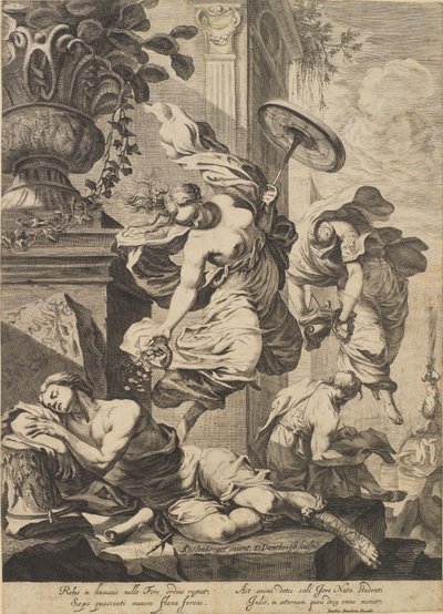 Fortuna ve antik kostümlü uyuyan bir sanatçı ile alegori by Dancker Danckerts