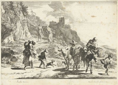 Dolu eşek üzerinde kadın, inekli adam ve dağ manzarasındaki diğer gezginler Güney Manzaraları (dizi başlığı) by Dancker Danckerts