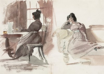Masasında oturan ve bir şezlonga oturan pembe elbiseli genç bir bayanın çalışmaları (kalem ve kağıt üzerine sulu boya) by Daniel Maclise