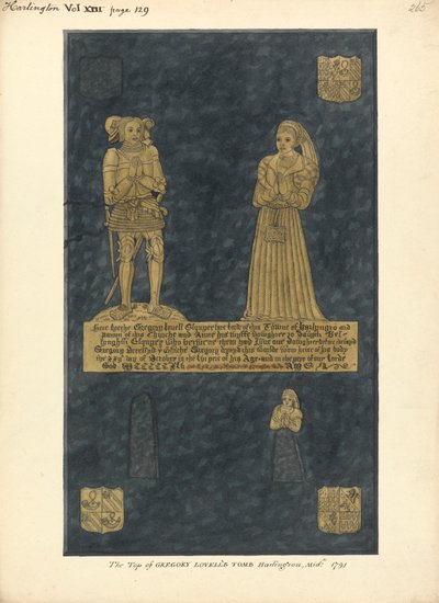 Gregory Lovell ve Karısı Anne, David Bellingham'ın kızı, Harlington Kilisesi için Pirinç Levha by Daniel Lysons