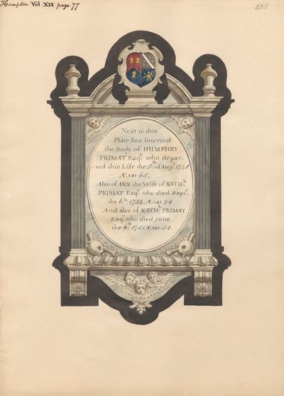 Hampton Kilisesi'nden Humphry Primat, Nathaniel ve Ann Primat Anıtı by Daniel Lysons