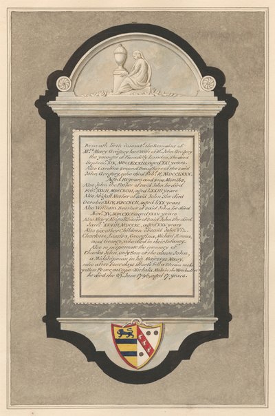 Bayan Mary Gregory, Caroline Gregory, John Gregory, Abigail Gregory, William Gregory, Mary Abigail Gregory Anıtı, altı çocuk: Charlotte, Louisa, Georgina, Michael, Emma ve George Gregory ve Cranford Kilisesi'nden Charles John Gregory by Daniel Lysons