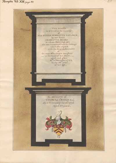 Hampton Kilisesi'nden Bayan Sophia Henrietta Voelcker ve Thomas Crump Anıtları by Daniel Lysons