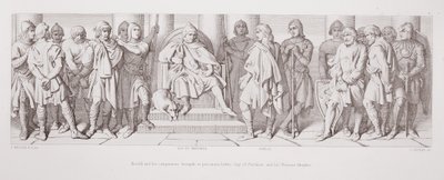 Harold ve arkadaşları, tutsak olarak, Guy of Ponthieu ve Norman şövalyelerinin önüne L. Gruner tarafından kazınmış 'Norman Fethinin Öyküsü'nden getirdiler, 1866 by Daniel Maclise