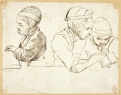 Üç Çocuk (rekto); Baş, Gözler, Dudaklar ve Çiçeklerin Eskizleri (ters) by Daniel Nikolaus Chodowiecki