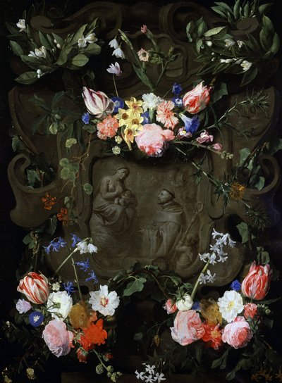 Çiçeklerle süslenmiş ve bakireye tapınma temsili içeren mermer niş. Daniel Seghers (1590-1661) tarafından yapılmıştır. Özel koleksiyon. by Daniel Seghers