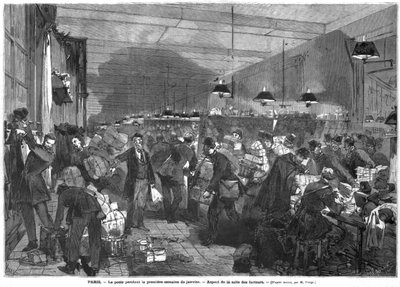 Ocak ayının ilk haftasında Paris postanesinin içi, postacılar odası, Fortune Louis Meaulle (1844-1901) tarafından oyulmuş by Daniel Urrabieta Vierge