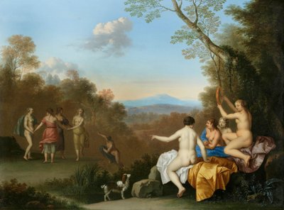 Apulian Çoban ile Ormanlık Bir Tepenin Üzerinde Bir Havuz Kenarında Dans Eden ve Müzik Yapan Periler by Daniel Vertangen