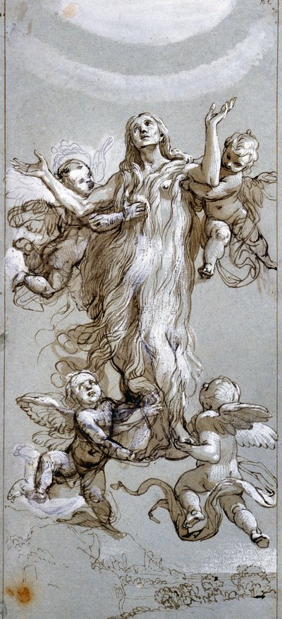 Meleklerin Rehberliğinde Mecdelli Meryem'in Göğe Kabulü Çizimi, Daniele Crespi (1598-1630) 17. yüzyıl Madrid, Prado Müzesi by Daniele Crespi