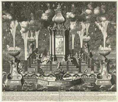 Utrecht Antlaşması'nın kutlanmasında havai fişekler, 1713 Ordere van Haar Ed tarafından dikilen syn süslemeli ve konstig havai fişekli tiyatronun resmi. Groot Mog: Lahey'deki Heeren Staten van Holland ve West Vriesland (...) by Daniël Stopendaal