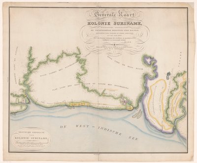 Surinam haritasının bir parçası Surinam kolonisinin genel haritası, esas olarak koloninin mevcut binalarını tasvir ediyor (nesne üzerindeki başlık) by Daniël Veelwaard (I)