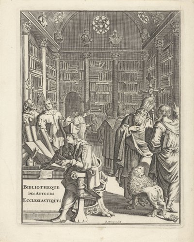 Din adamları ile kütüphane içi Başlık sayfası: Bibliotheque des Authors Ecclesiastiques, yılsız by Daniël met de Penningen