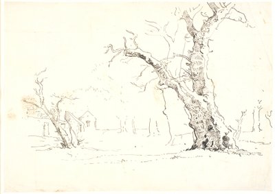 Büyük meşe ağaçları ile manzara, t.v. bazı evler by Dankvart Dreyer